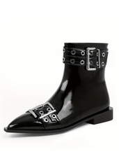 Rockstar Black Buckle Pointed Toe Ankle Boots