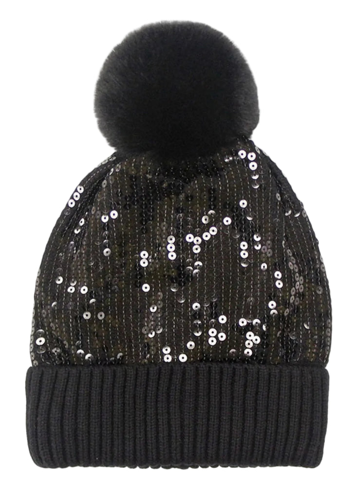 Black beanie with sequin details and a black pom-pom on a light gray background