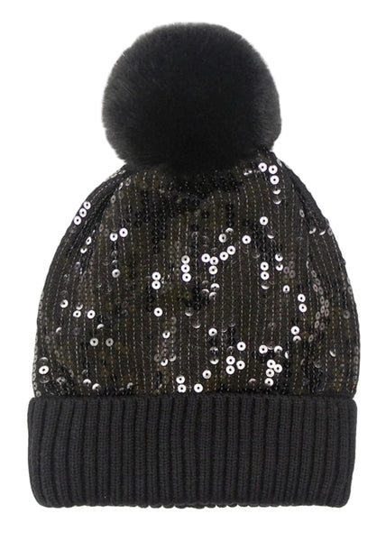 Black beanie with sequin details and a black pom-pom on a light gray background