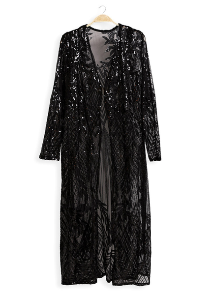 Black sequin kimono duster holiday boho christmas rocker country stage wear 