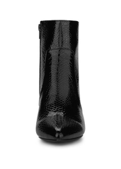 Front view of black snakeskin pointed toe ankle boot with block heel