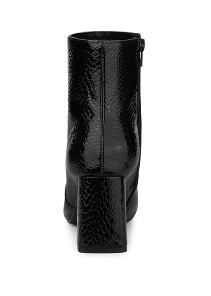 Back view of black snakeskin ankle boot showing side zipper and block heel detail