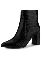Black snakeskin faux leather ankle boot with pointed toe and block heel, side view