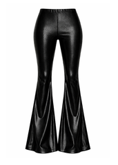 High waisted black snake print faux leather flare pants with retro bell bottom fit for vintage bohemian style