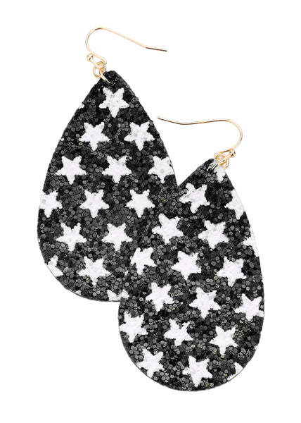 Black teardrop earrings with white star pattern dangle festival rockstar glam rock 