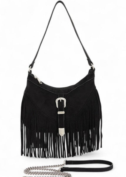 black fringe western buckle bag country festival wear outfit womens suede 