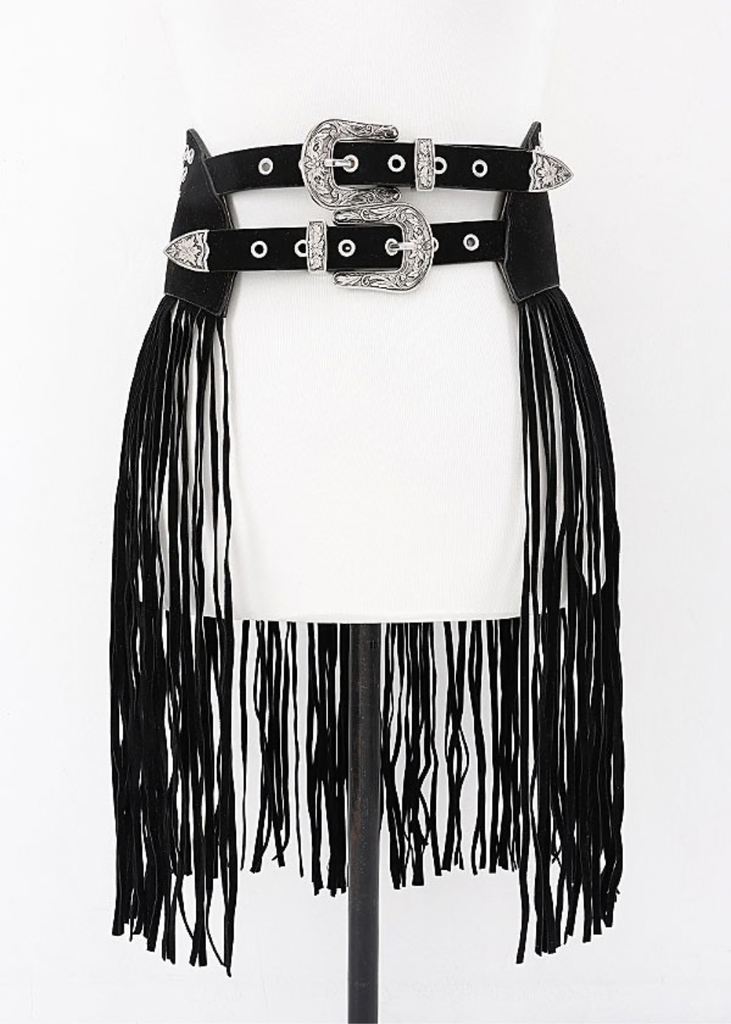 Black fringe waist belt with two ornate silver-tone Western-style buckles, adjustable straps, and long hanging fringe
