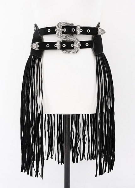 Black fringe waist belt with two ornate silver-tone Western-style buckles, adjustable straps, and long hanging fringe