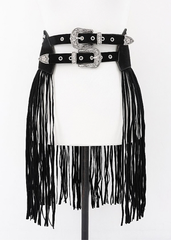 Black fringe waist belt with two ornate silver-tone Western-style buckles, adjustable straps, and long hanging fringe