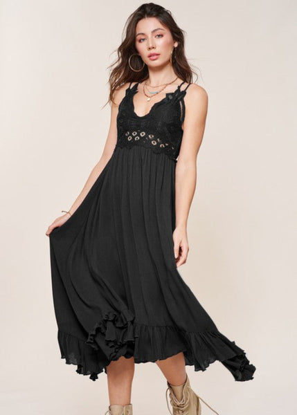 Black Deep V Maxi dress boho cami festival flowy womens