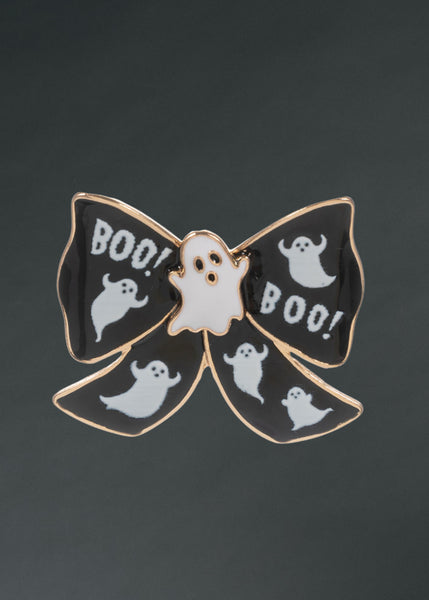 Gothic ghost brooch with black ribbon and spooky cute design

