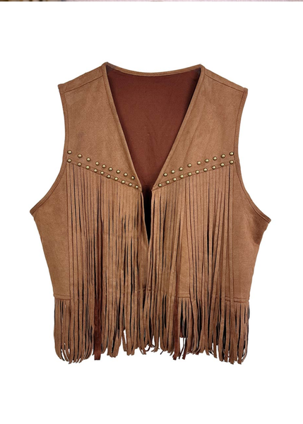 Brown faux suede western vest with fringe detailing, boho festival outfit layering vest for concerts and everyday styling