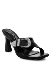 Vintage square toe sandals with metallic buckle and spool heel - front view