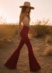 Burgundy red bell bottoms boho retro pants - side view Pretty Attitude