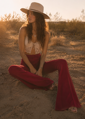 Burgundy high waisted flare pants boho festival outfit 