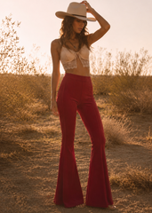 Women's burgundy bell bottom pants retro 70s style - full length