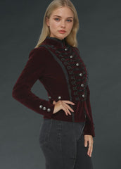 Women’s burgundy velvet gothic jacket with military-inspired details, Victorian steampunk gothic coat for emo and dark fashion style