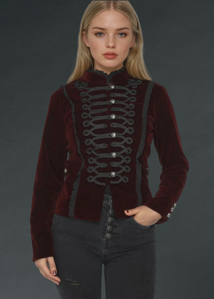 Burgundy red velvet gothic military jacket with ornate buttons, Victorian steampunk coat for alternative fashion and cosplay