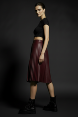 Dark red faux leather accordion pleat midi skirt for women, elegant high-waist fall fashion