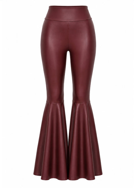Burgundy faux leather bell bottom flare pants - front view | Pretty Attitude
