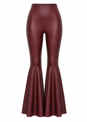 Burgundy faux leather bell bottom flare pants - front view | Pretty Attitude
