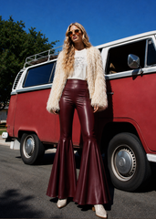 Ruffle bell bottom flare hem detail - burgundy faux leather pants

