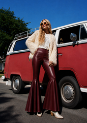 Burgundy high-waist pull-on flare pants - 92% polyester stretch faux leather

