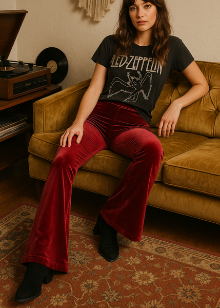 Burgundy Red Velvet Bell Bottom Flare Pants
