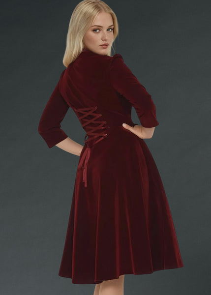 Velvet burgundy high neck gothic dress with lace trim, Victorian-inspired alternative fashion dress for gothic events and parties