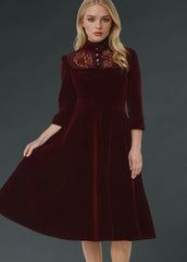 Burgundy red velvet gothic dress with high Victorian collar and lace details, elegant alternative holiday party outfit for women.