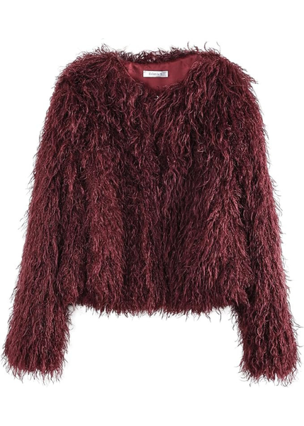 Burgundy Shaggy Plush Faux Fur Jacket