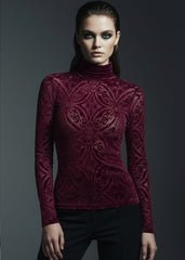 Burgundy Velvet Burnout Damask Long Sleeve Top