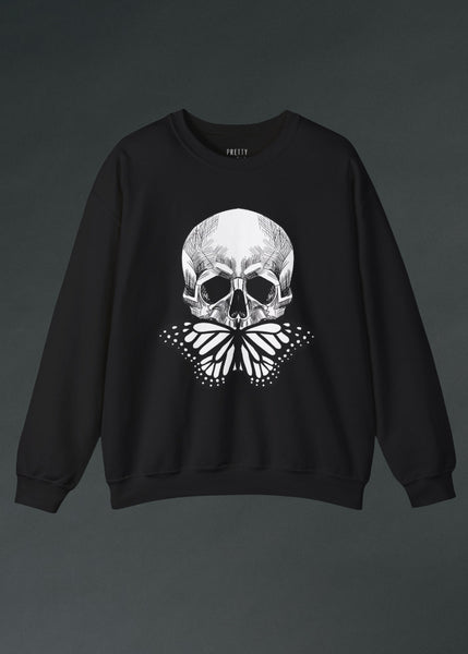 Goth sweatshirt with butterfly and skull graphic, black alternative pullover for women