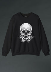 Goth sweatshirt with butterfly and skull graphic, black alternative pullover for women