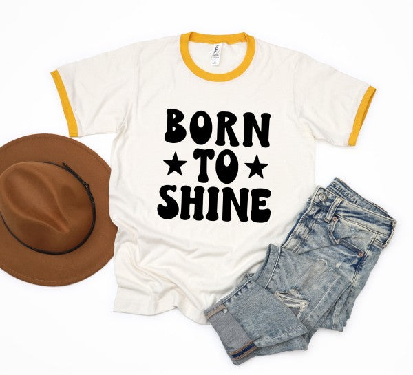 Born To Shine Stars Ringer Tee in Vintage Mustard – contrast ribbed neckline, vintage ringer style women's tee