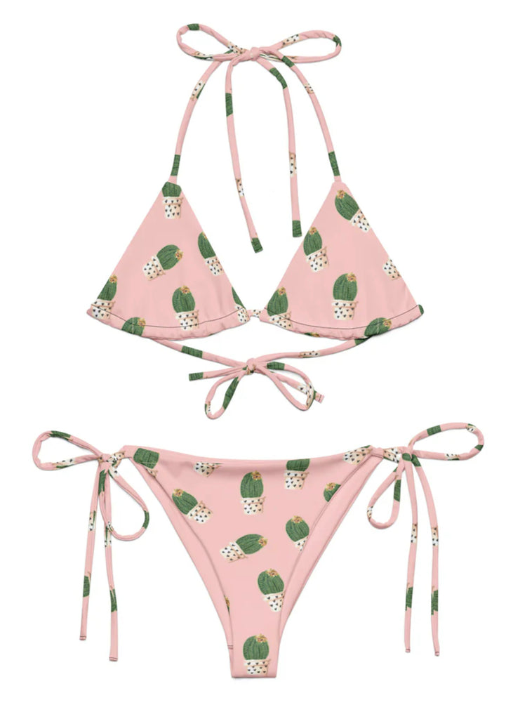 Cactus print string bikini for women featuring retro desert inspired swimwear with adjustable triangle top and tie side bottoms