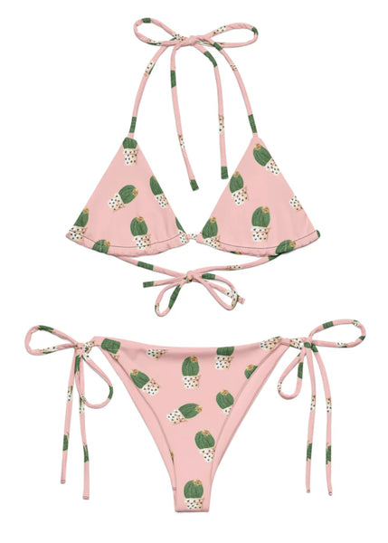 Cactus print string bikini for women featuring retro desert inspired swimwear with adjustable triangle top and tie side bottoms