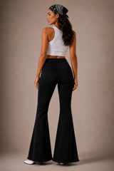 Women's black star studded flare jeans – side view – Made in USA