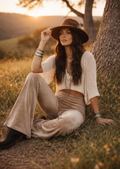 High waisted champagne velvet pants with full flare leg, soft velour texture and vintage boho aesthetic for women