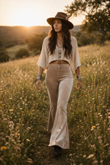 Taupe velvet bell bottom trousers styled for bohemian fashion, festival outfits, retro looks and western inspired outfits