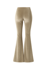 Women’s champagne velvet flare pants with soft stretch fabric and 70s inspired bell bottom silhouette
