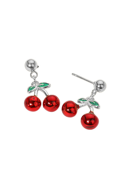 Stainless steel cherry dangle earrings with red fruit charms, perfect for pinup styles and rockabilly fashion