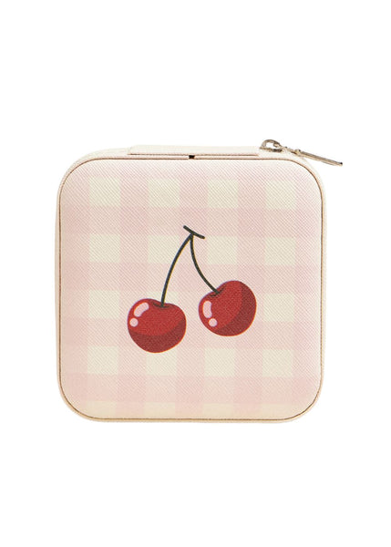Cherry and checkerboard print square jewelry travel box with zipper