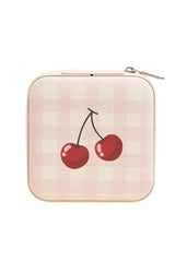 Cherry and checkerboard print square jewelry travel box with zipper