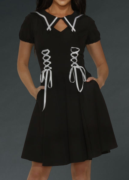 black gothic collar dress with white corset lacing 