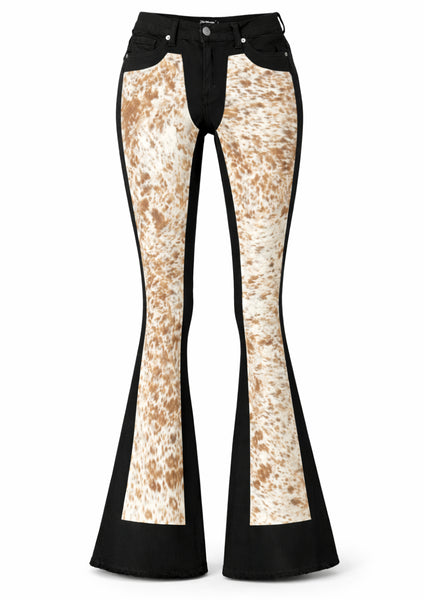 Cow pattern bell bottom flare pants made in the USA, western wear cow print trousers for country music outfits, rodeo fashion and festival style.