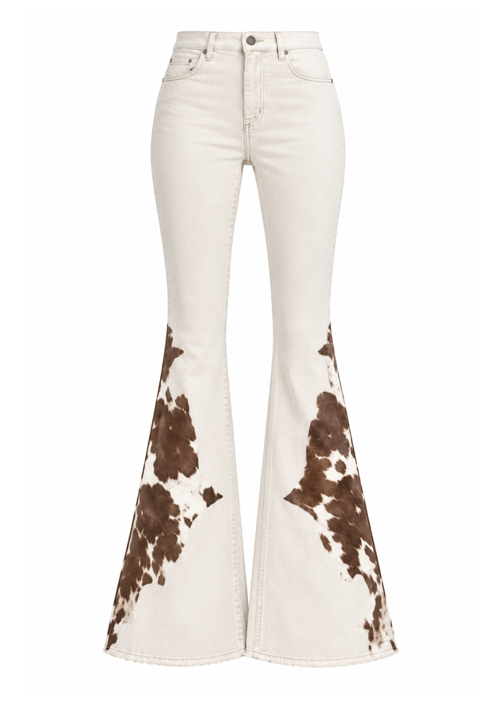 Ivory western boot cut jeans with brown cowhide flare inserts – Pretty Attitude Rodeo Boot Cut, flat lay product view

