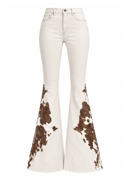 Ivory western boot cut jeans with brown cowhide flare inserts – Pretty Attitude Rodeo Boot Cut, flat lay product view
