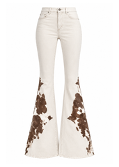 Ivory western boot cut jeans with brown cowhide flare inserts – Pretty Attitude Rodeo Boot Cut, flat lay product view
