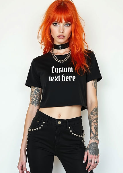 Custom black cropped t-shirt with old English gothic lettering – personalized rock n roll fashion top